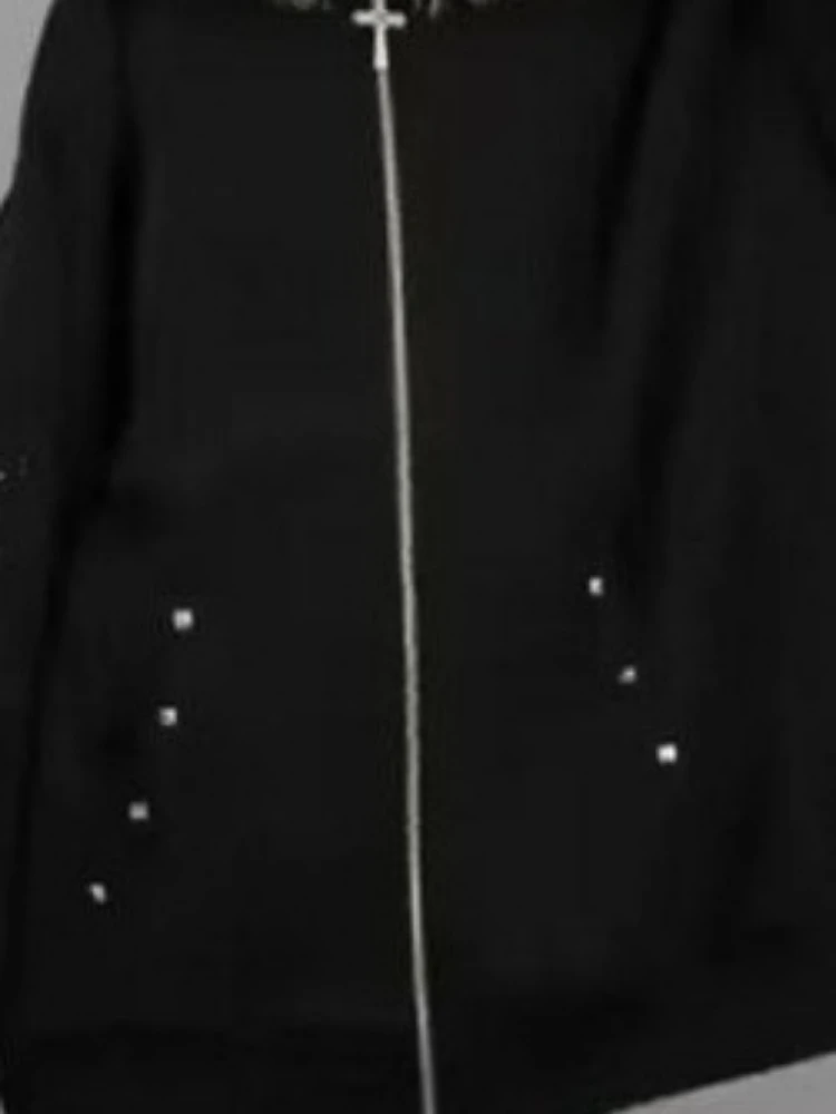 الخريف القوطية الأمريكية الرجعية قلنسوة بسحاب سترة المرأة التطريز إلكتروني تصميم البلوز Harajuku 2000s الملابس الدافئة #6