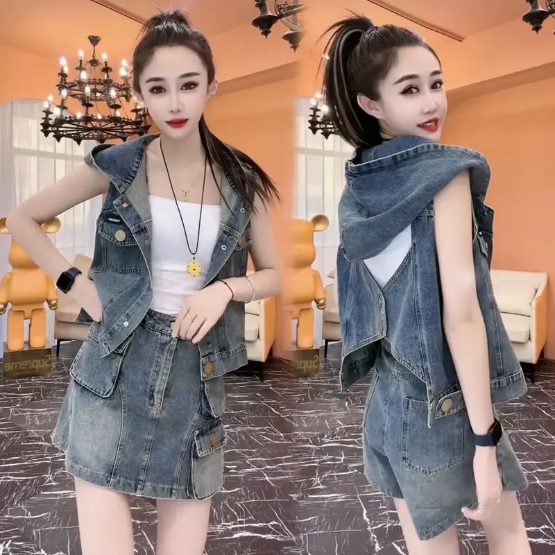 Vintage Denim Skirts Suits Two Pieces Y2k Dress Sets Women Denim Vest Mini Skirt Women Clothing Trends Hoodies Tops Hooded Vests