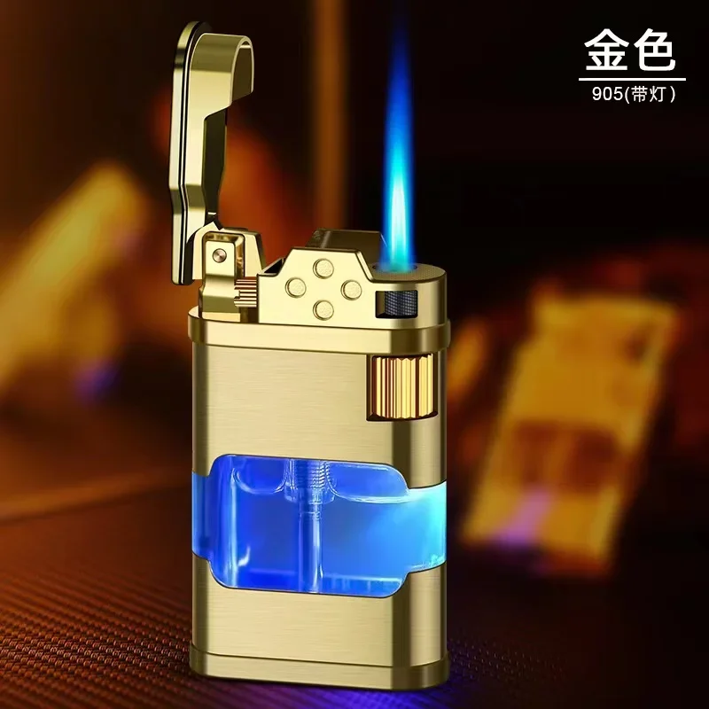 2023Transparent Warehouse Flame Gas Lighter Metal Torch Turbo Unusual  Creative Windproof Blue Butane Cigar Lighter Men\'s Gadget