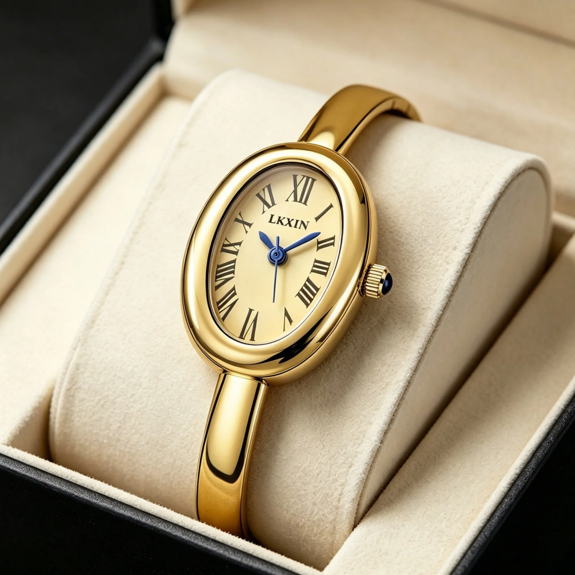 LKXIN Women Oval Watch Alloy Roman Numeral Dial Blue Crown Minimal Elegant Wristwatch Luxury  Gift