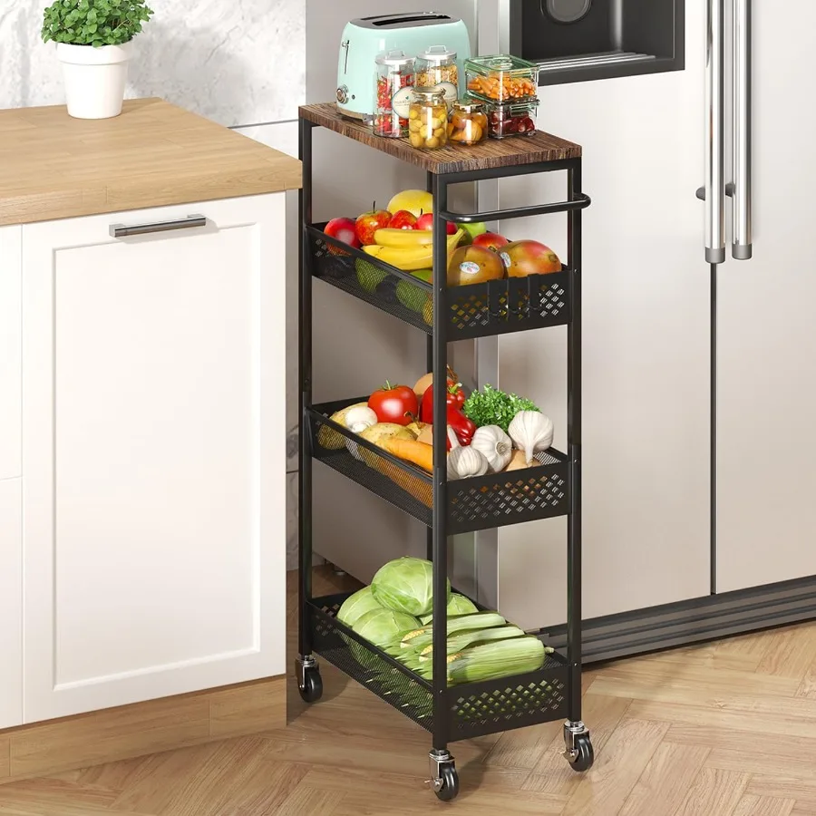 

Slim Storage Cart 4 Tier Fruit and Vegetable Baskets for Kitchen Small Space Narrow Laundry Cart on Wheels with Wooden Top and