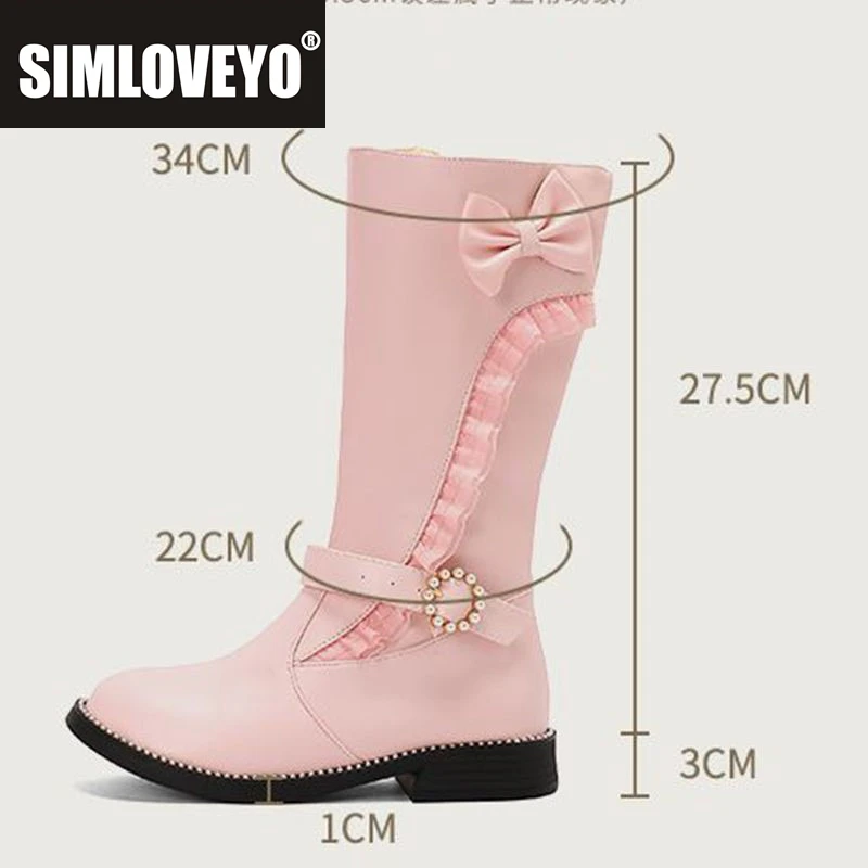 SIMLOVEYO 2025 Girls Knee Boots Round Toe Thick Heel 3cm Zipper Bowknot Pearl Buckle 31 32 33 42 43 US12 Sweet Booties