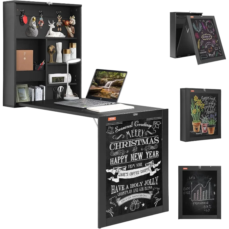 

VEVOR Wall Mounted Desk, Fold Out Convertible Desk, Multi-Function Folding Wall Table with Chalkboard for Home Office