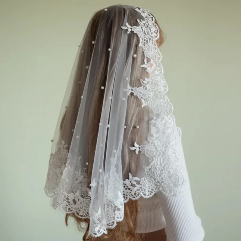 

Прочная кружевная молитвенная накидка с жемчужной вышивкой, латинская вуаль-шаль