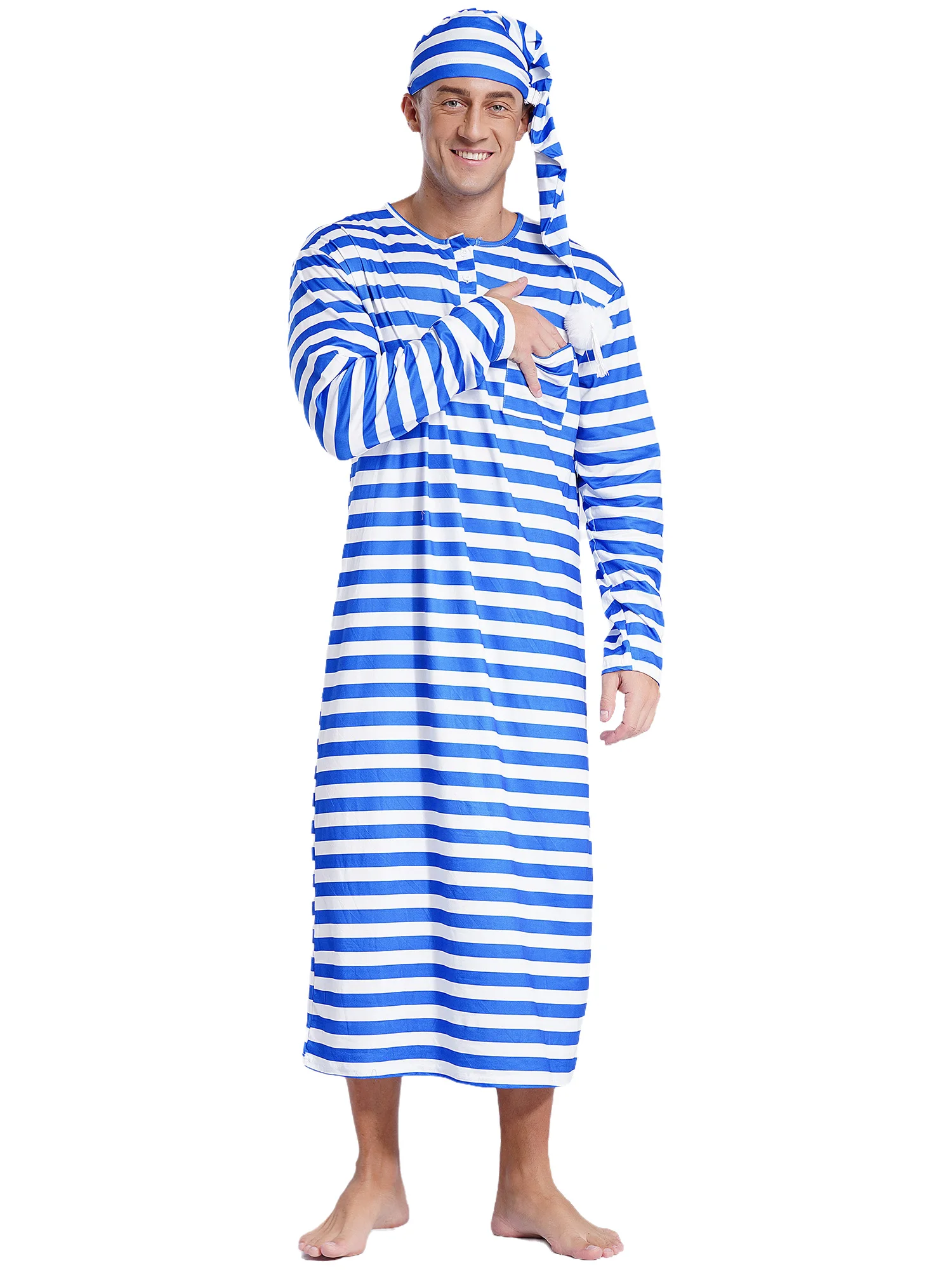 Mens Christmas Striped Sleep Robe with Night Cap Set Long Sleeve Loose Long Robes Pajamas Male Nightwear Loungewear Sleepwear