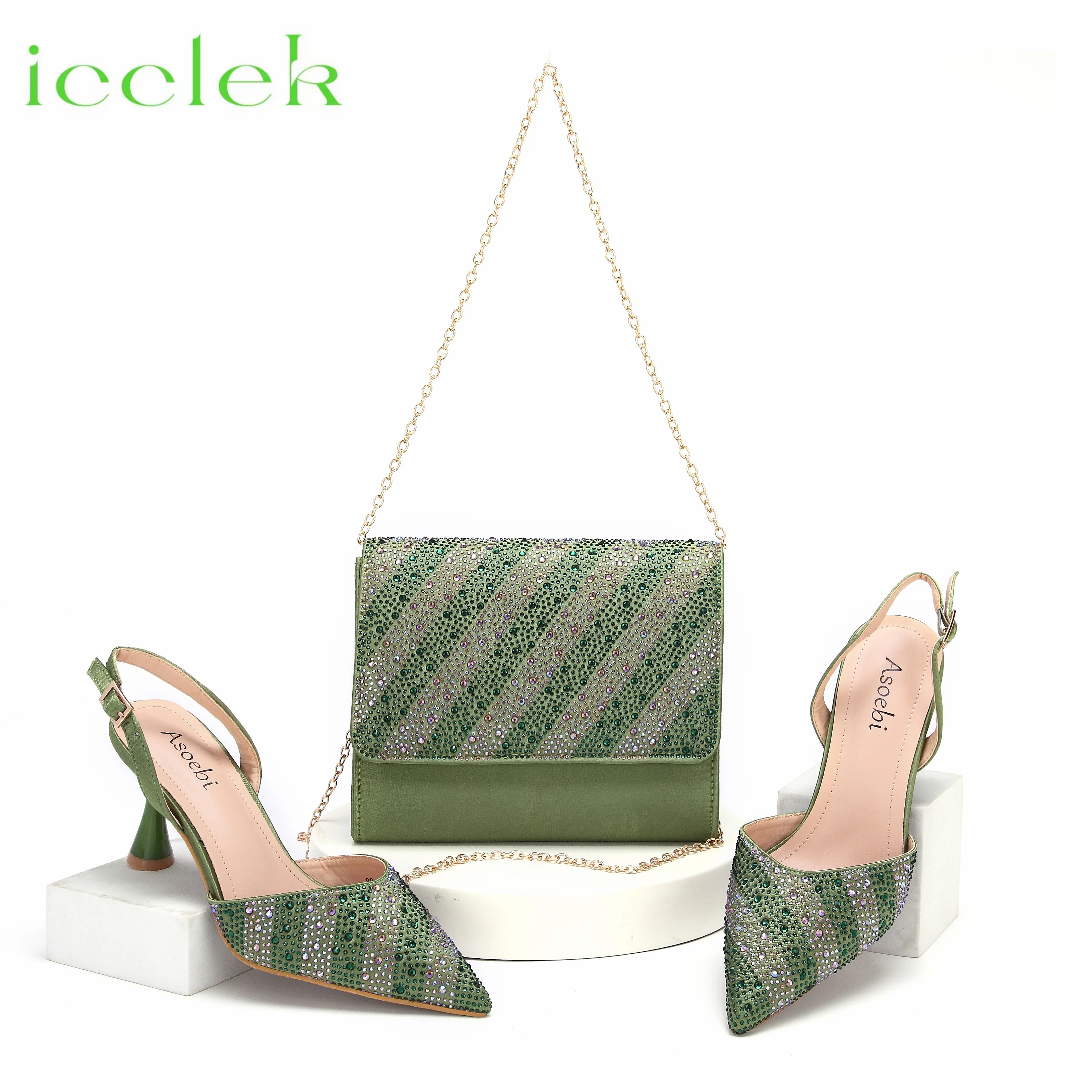 

New Arrival Special Olive Green Pointed Toe Thin Heel with Rhinestones Design Shoes and Bag Set For Women Party