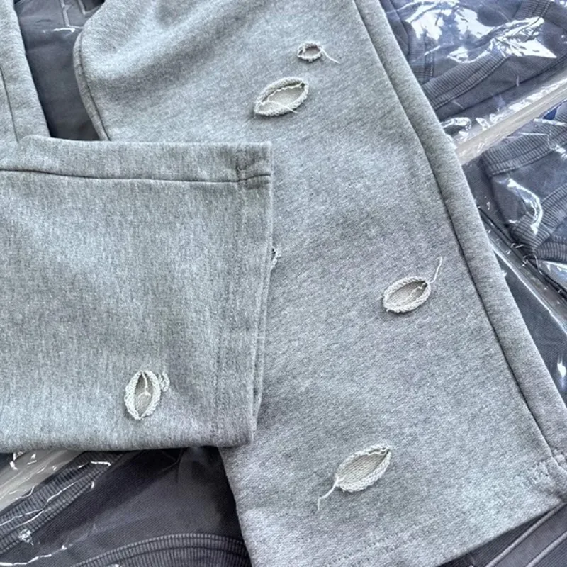 Washed Hole Damaged Lost Shdws Sweatpants Embroidery Floral Casual Pants Men Women Black Gray Loose Drawstring Jogger Trousers