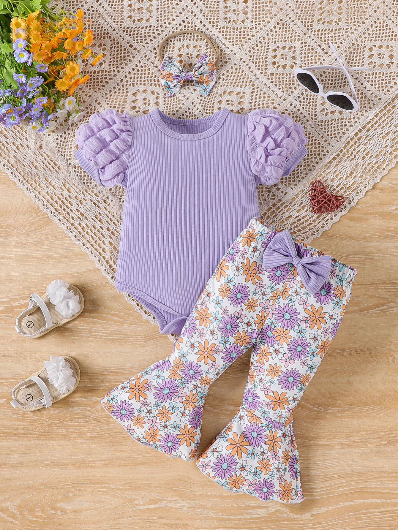 Summer Cute Toddler Girl Solid Color Knitted Bubble Sleeve Top+Floral Full Print Flared Pants Two-Piece Set With Headscarf