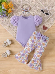 Summer Cute Toddler Girl Solid Color Knitted Bubble Sleeve Top+Floral Full Print Flared Pants Two-Piece Set With Headscarf