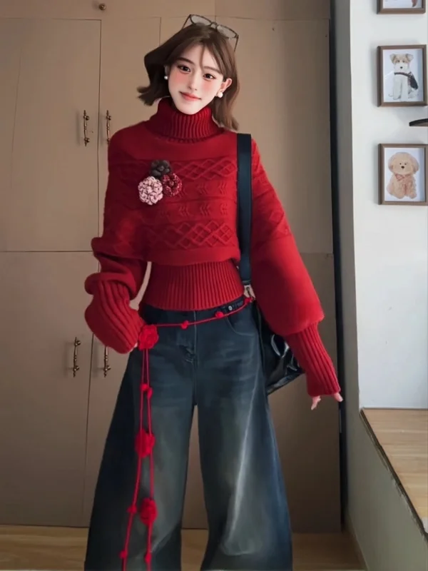 

Loose Batwing Sve Sweater High Collar Knitted Sweater Lazy Sle Korean Faion plus Size Winter New Arrival Top for Women