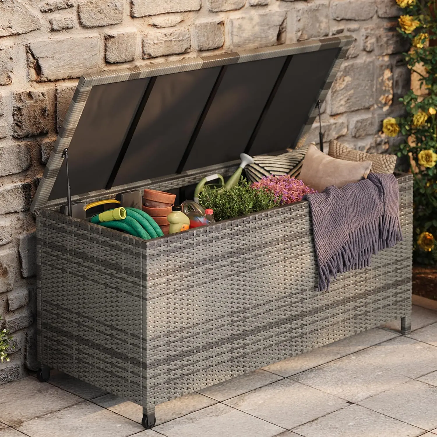 TWISTER.CK 125-Gallon Large Deck Box, Waterproof PE Rattan Outdoor Storage Box with Handles & Wheels, Storage Bin for Garden, Balcony, Porch, Pool & Yard
