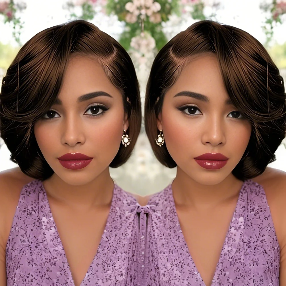 

Dark Brown Straight Pixie Cut Wig Human Hair Wigs 13x4 Transparent Lace Short Bob Wig For Women