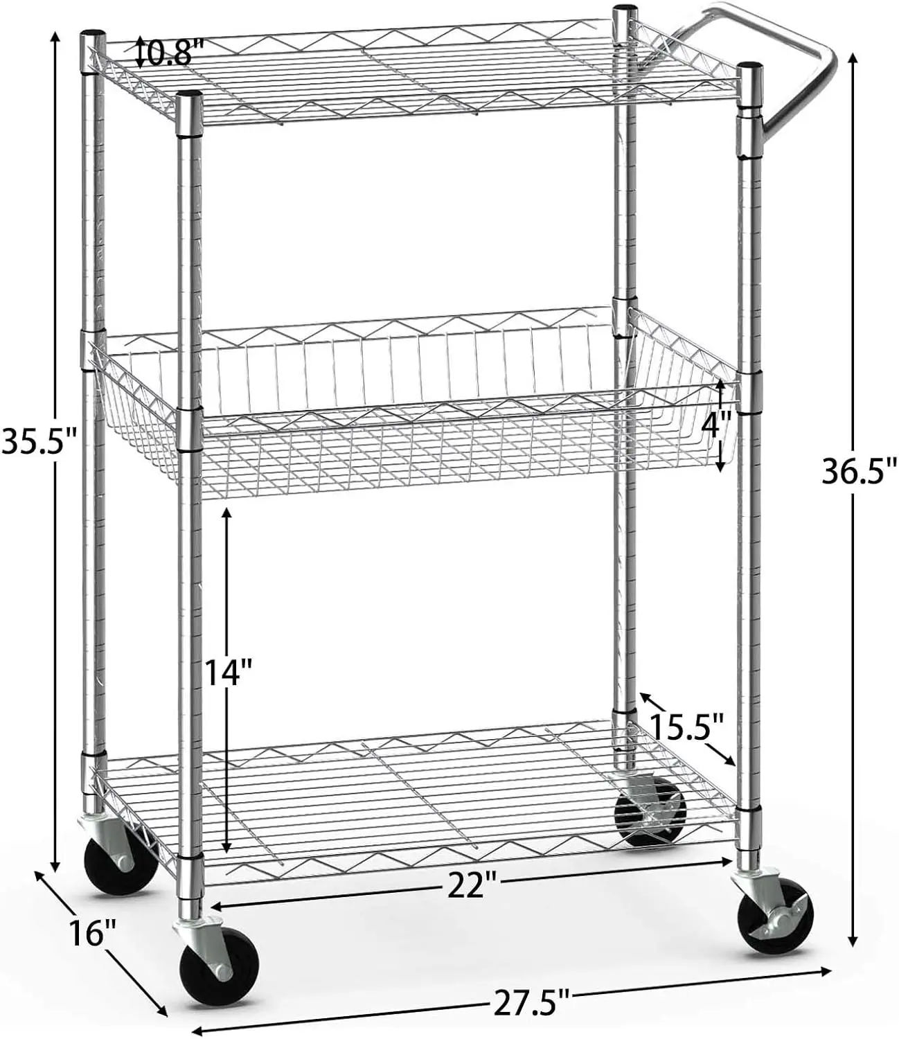 Heavy Duty 3-Tier Rolling Utility Cart, Steel Wire Organization Storage Cart on Wheels,