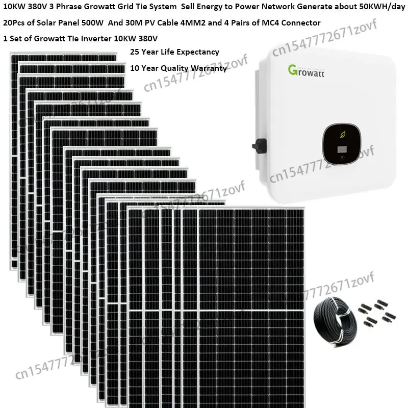 Комплект солнечных панелей в комплекте для дома 10000 Вт 5000 Вт 380 В 3 фразы 220 В в сетевой системе Growatt Grid Tie Inverter 2 MPPT PV Panel 500 Вт