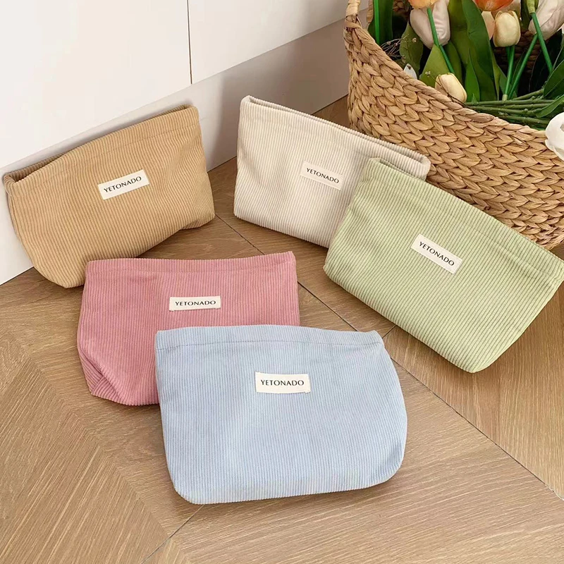 

Portable Travel Makeup Bag Large Capacity Cosmetic Bag For Women Solid Color Corduroy Toiletry Bag Simple Zipper Storage Bag