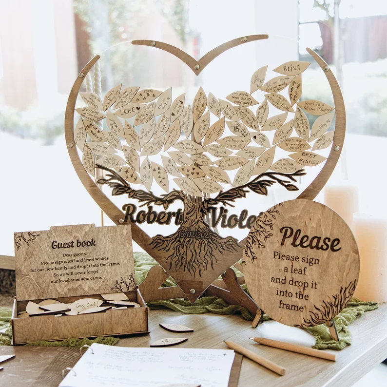 

Wedding Family Tree, Guest Book Sign, Rustic Decor, Boho Keepsake Box, Wishing Leaves,Heart Wedding Guest Book Alternative