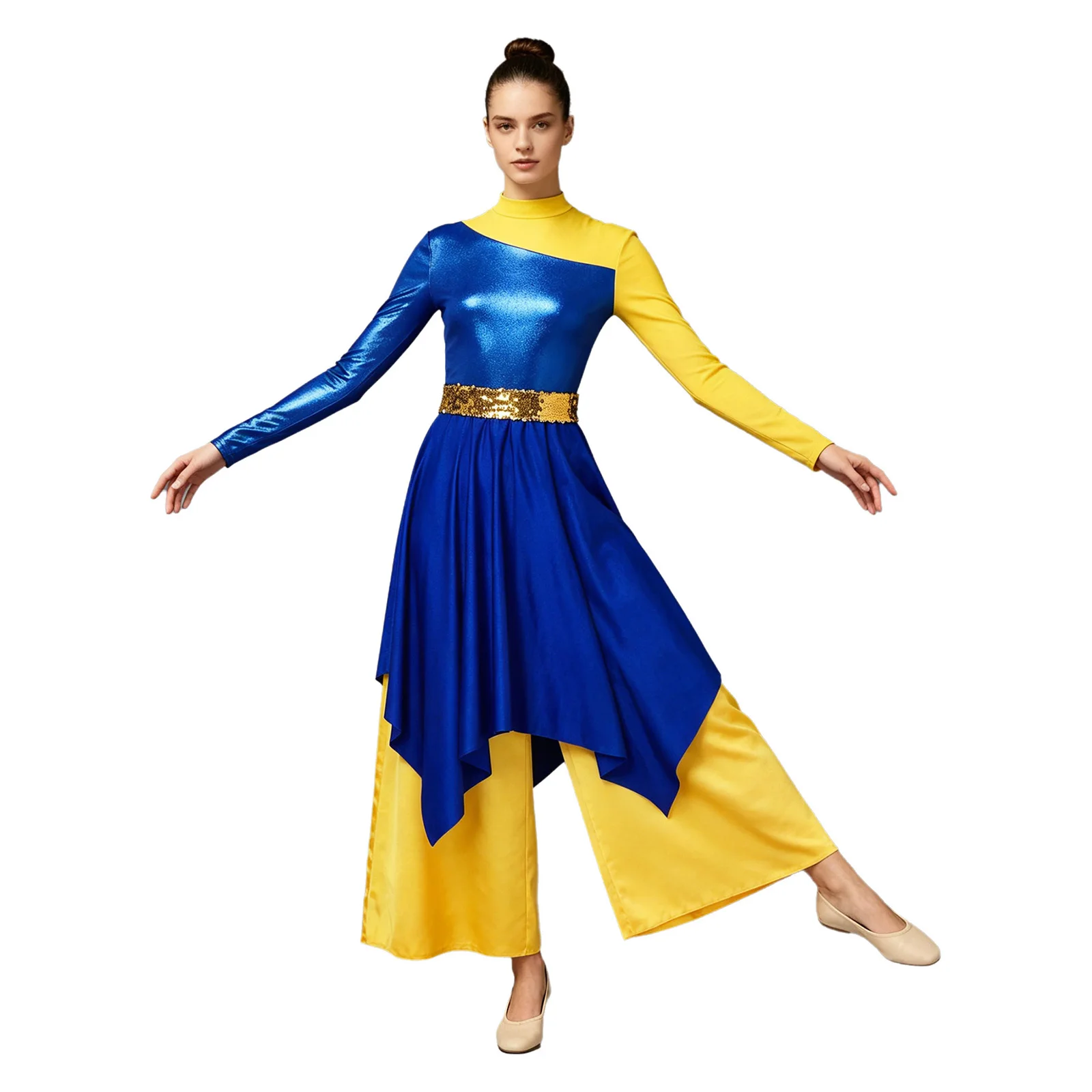 women-liturgical-dance-jumpsuit-long-sleeve-asymmetrical-hem-contrast-color-dress-fake-2pcs-metallic-wide-leg-pants-robe-dresses