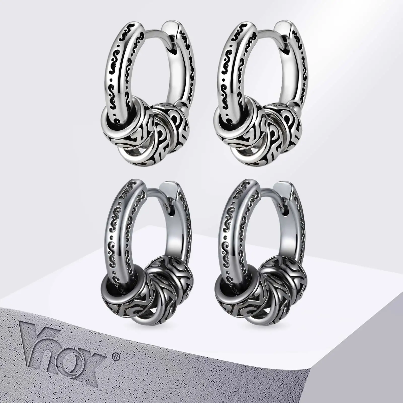 Vnox Vintage Pattern Hoop Earrings for Men Women, Gray Silver Color Round Huggies Earring, Punk Fashion Jewelry Accessories Gift