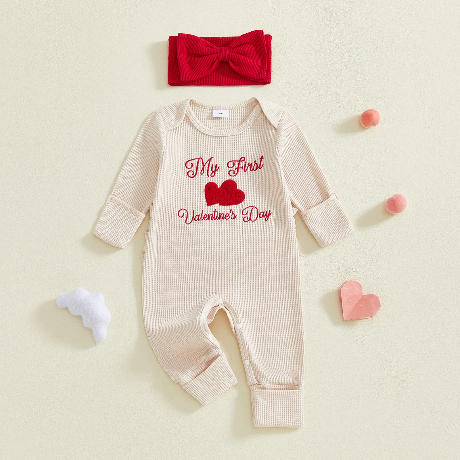 Baby Girls First Valentines Romper Cute Letters Heart Embroidery Long Sleeve Jumpsuit with Headband