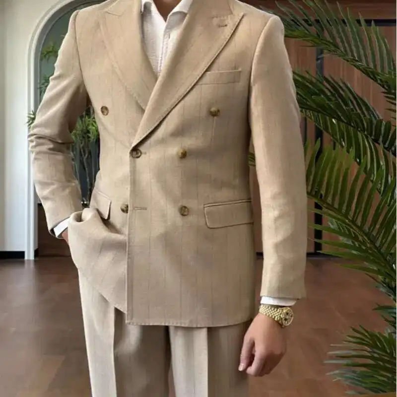 Men Suit Designers Slim Fit Business Casual Striped Double Breasted Suit Set Trend Traje Novio 2025 Men Tuxedo Suit Grooms Suit