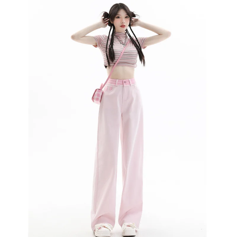 Pink Jeans Women High Waist American Street Y2K Wide Leg Pants Fashion Simple Baggy Vintage 2023 NEW Straight Autumn Trousers