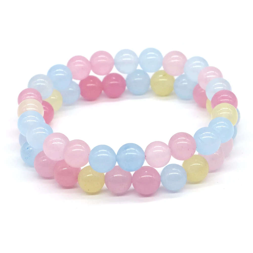 

Natural Stone Beads Bracelet Healing Energy Crystal Morganite Agate Bangle Polished Elastic Pulsera Trendy Jewelry Couple Gifts