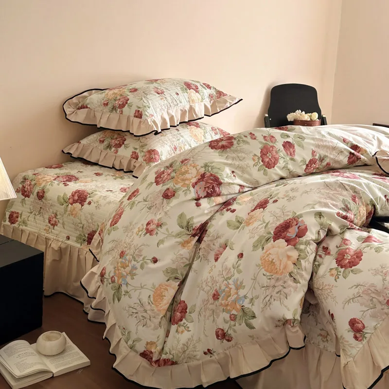 4Pcs Vintage French Floral Ruffles Bedding Set, 100% Cotton, Princess Duvet Cover Set, Quilted Bedspread, Bed Sheet, Pillowcases