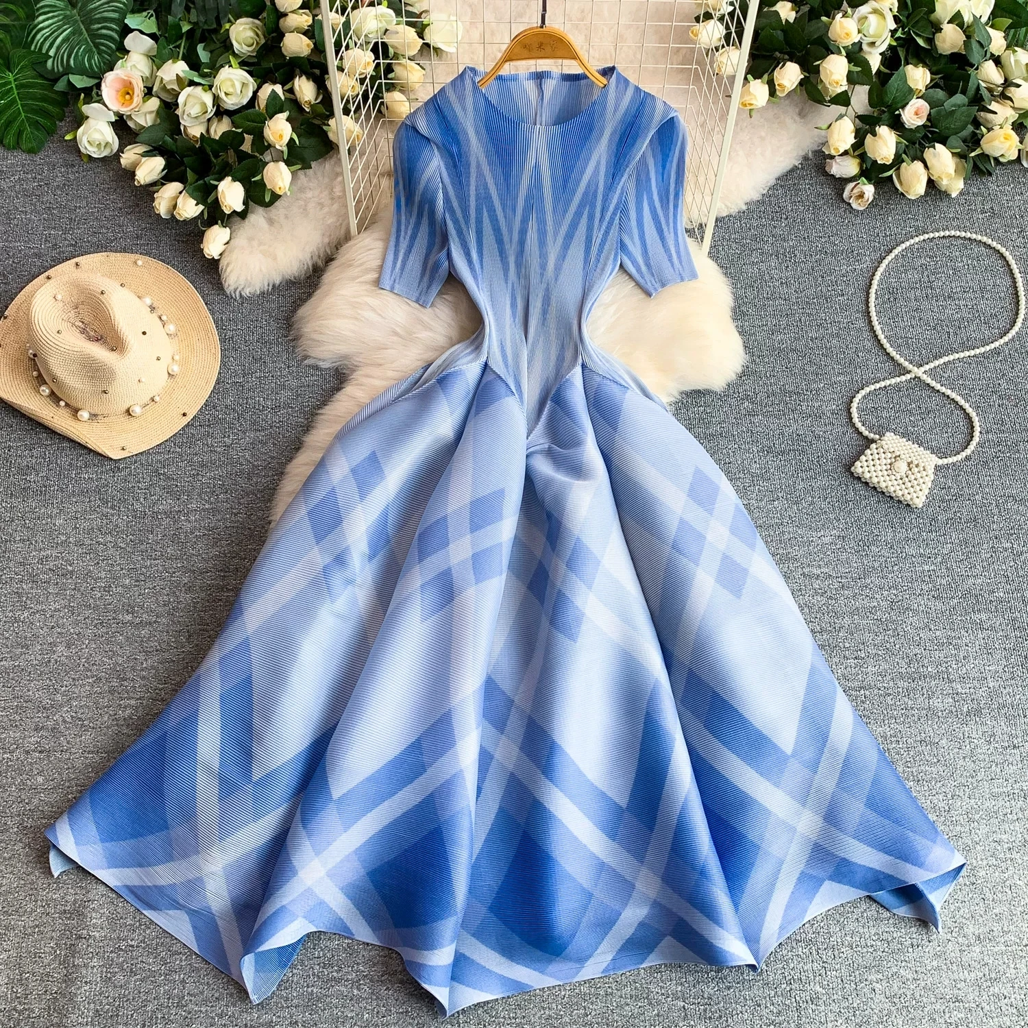 Miyake Women's French-style Color Blocking Dress Elegant A-line Midi Loose Fit with Short Sleeves for Summer New Collection