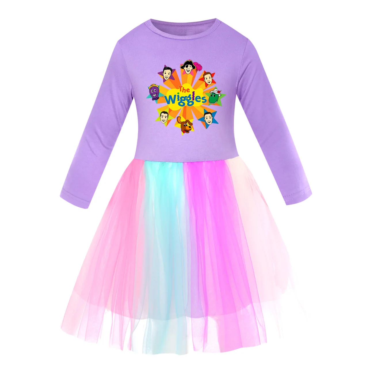 The Wiggles Print Kids Clothes Long Slevess Dresses Cotton Rainbow Full Dress Teen Girl's Clothing Party Clothes 2-7Years 5748