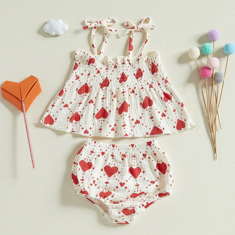 Baby Girls Heart Shorts Set Sleeveless Smocked Camisole Elastic Waistband Shorts Valentine s Day Outfits