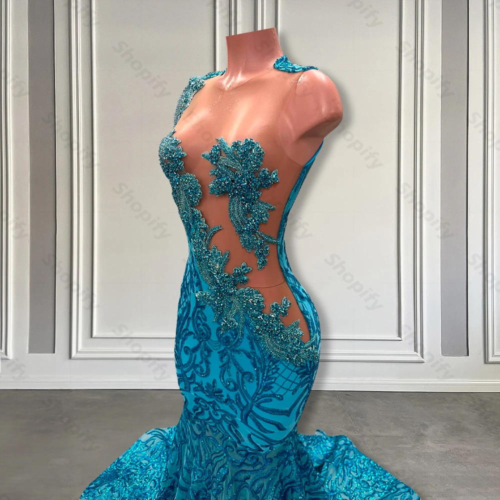 Vestido de fiesta azul pavo real de encaje brillante largo 2025 vestidos de fiesta ajustados de sirena negros con cuentas de lujo para niñas con borla personalizada