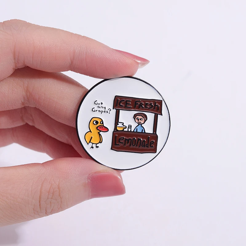 Fun animal enamel pin Little yellow duck shopping Got any Grapes？Cute brooch Badges for clothe lapel bag Accessories wholesale