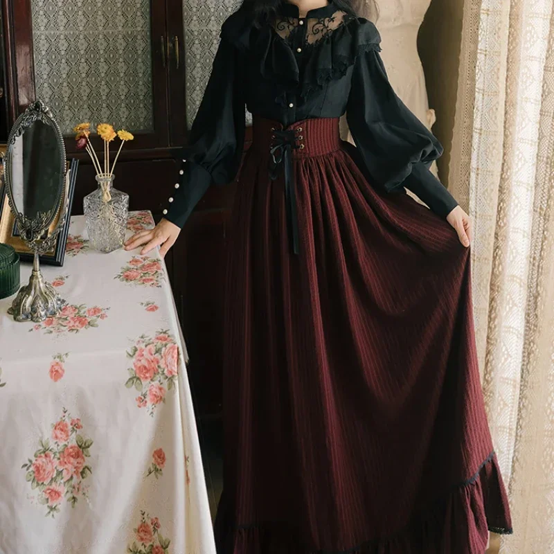 Vintage Gothic Two Piece Dress Sets Women Black Lace Ruffle Blouse + Lace-up Midi Skirt Winter Court Retro Casual Suits Costumes