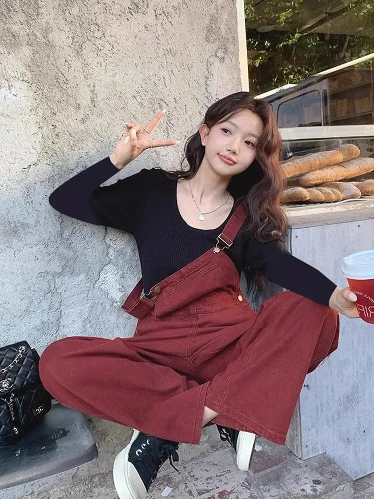 Peleles de calle para mujer, Pantalón recto, monos rojos Vintage para mujer, pantalones de pierna ancha holgados rectos a la moda informales para chica fresca