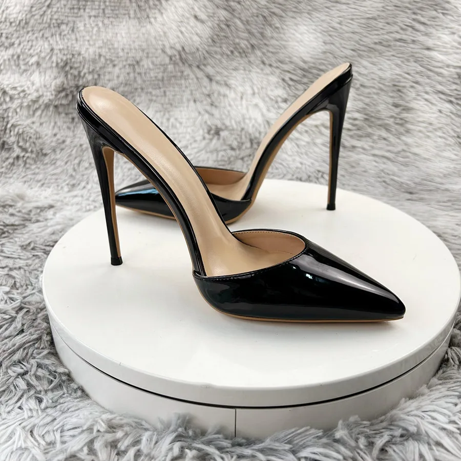 Newly 12cm/10cm High Heels Summer Slippers Black Slingback Women Pointed Toe Slides Stiletto SM Crossdress Shoes Plus Size45 46