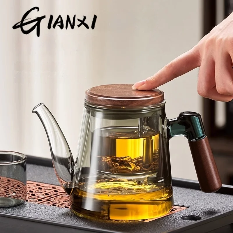 GIANXI Wooden Handle Flowing Teapot Tea Separation Cup Full Glass Inner Bubble Teapot Household Press Filter Tea Set Tea Cup