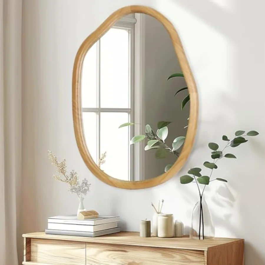 

Irregular Wall Mirror, Wood 22X30 Large Asymmetrical Modern Vanity Bathroom Farmhouse Abstract Walnut Nature Mirror for Bedroom