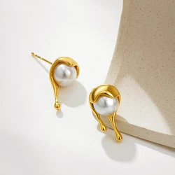 Irregular Molten Droplets Pearl Stud Earrings Stainless Steel Metal Waterdrop Earring Unusual Jewelry for Women