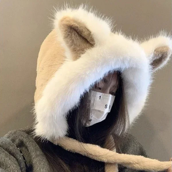 2024 Winter All Match Fox Ear Bandage Women Hats Grunge Patchwork Fur Hairy Streetwear Cap Fashion Y2k Aesthetic Girl Sweet Hat