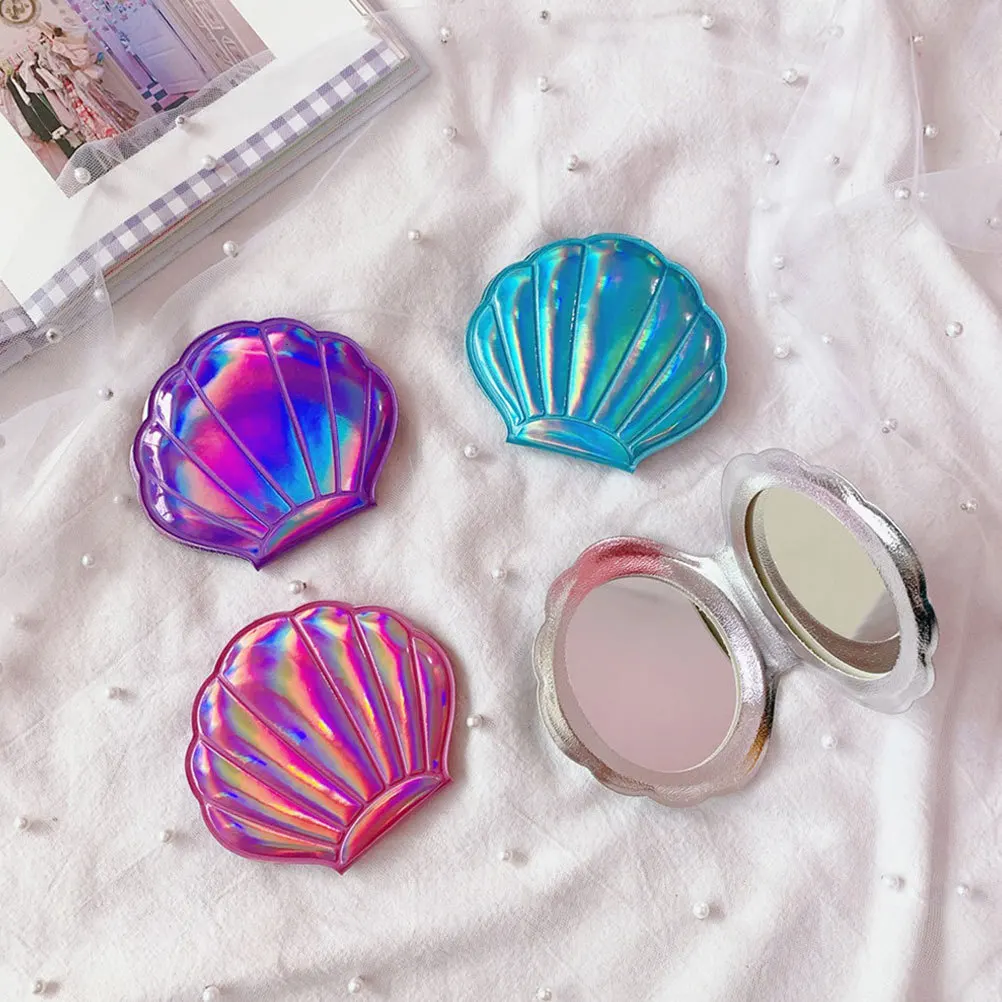 2Pcs Portable Compact Makeup Mirror Foldable Shell Shape Double Sided Vintage Small Pocket Mirror for Travel