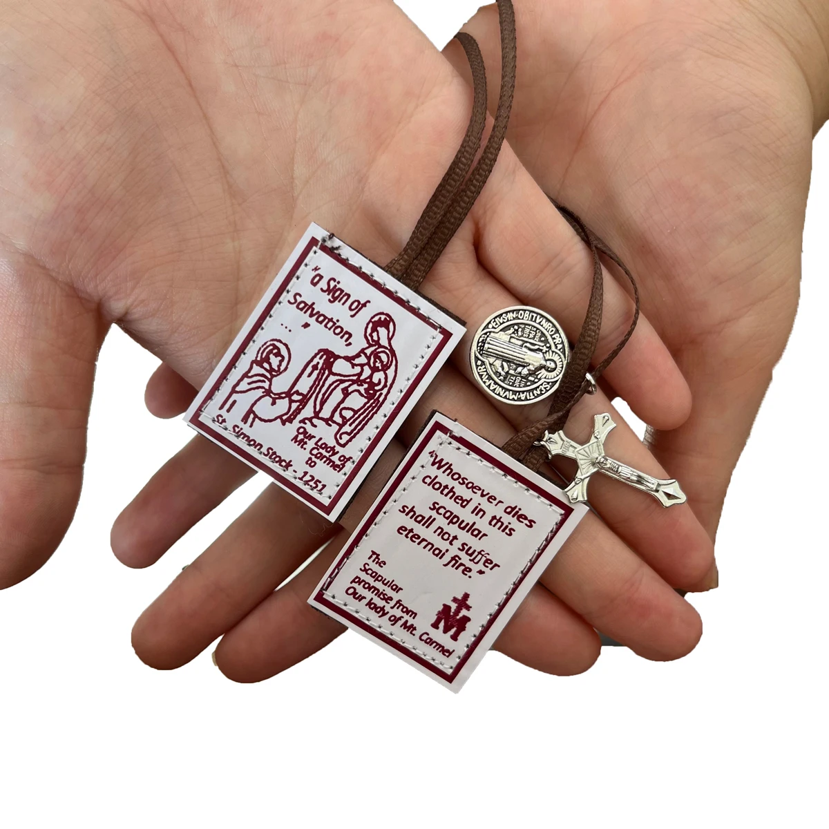 12 Pack Brown Scapular of Our Lady of Mount Carmel Catholic Gift for Women with St. Benedict Medal Crucifix Mexican Decoration