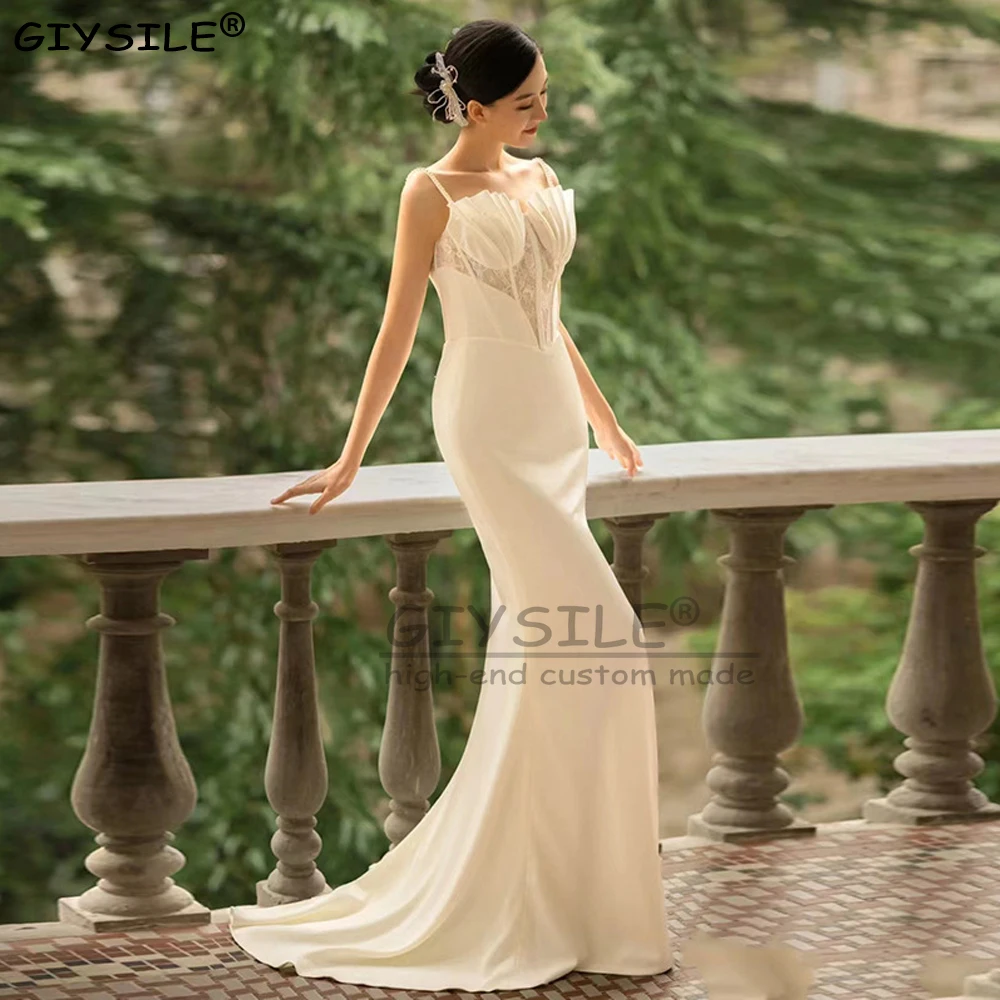 

GIYSILE Customized French White Satin Light Wedding Dresses Simple Pearl Suspender New Mermaid Bridal Travel Photography Dress