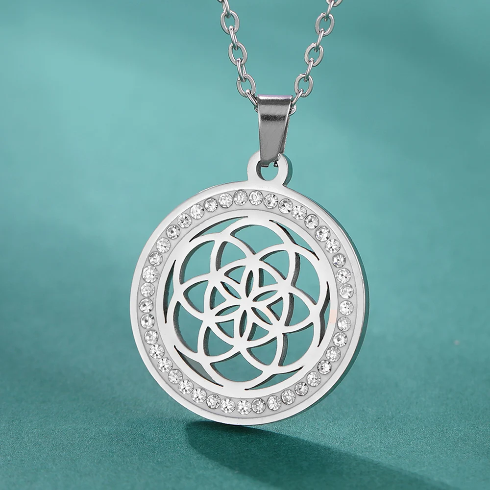 Dawapara Flower Seed of Life Women Necklace Clear Zircon Fashion Charm Sacred Geometry Spiritual Amulet Stainless Steel Jewelry