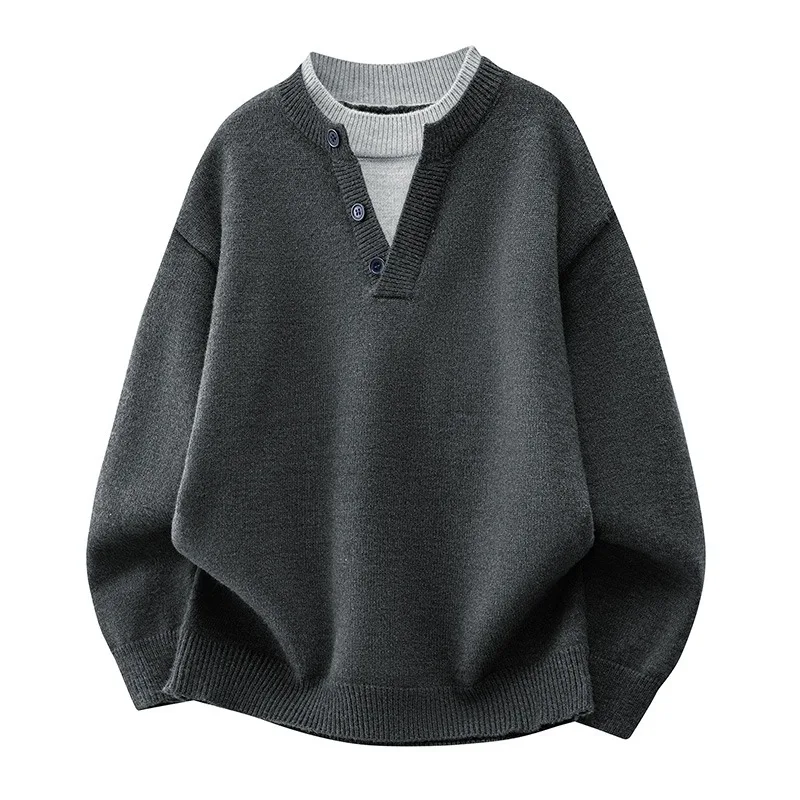 Men Autumn Winter Color Block Half Open Collar Button Sweater Fake Two Piece Knit Top Loose Lazy Style Casual Knitwear