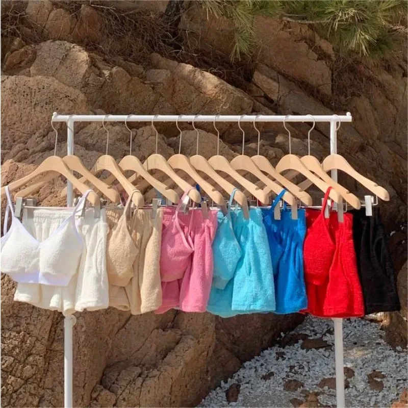 2024 Korean Split Swimsuit Women Solid V-neck Three piece Bikini Towel Material Suspended Tank Top Elastic Waist Shorts Swimwear