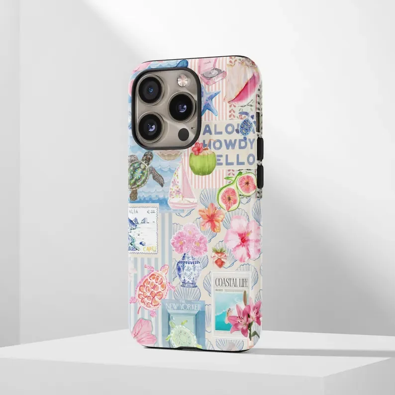 Etui na telefon Beachy Blue Coquette Coastal Collage do iPhone'a 17 16 15 14 13 12 11 Air Pro Max Plus, luksusowa dwuwarstwowa obudowa — zdjęcie produktu 2