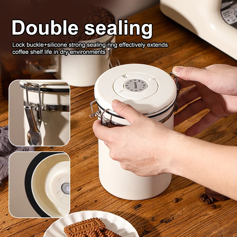 Coffee Bean Jar Airtight Canister Sealed Stainless Steel With Spoon One Way Valve Cannister Coffee Storage Kitchen 1.2 1.5 1.8L