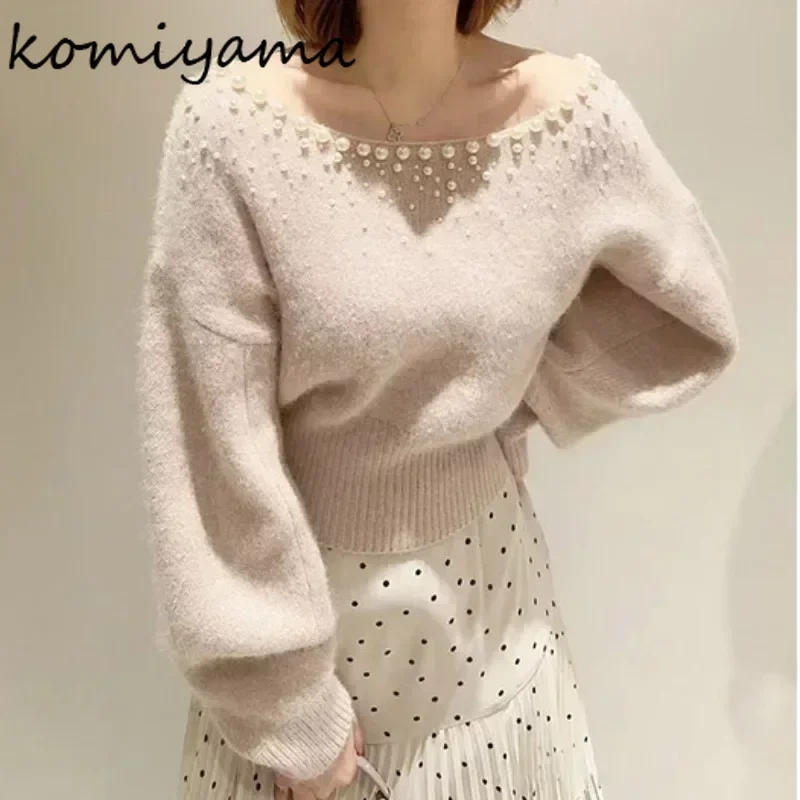 Japan Spliced Pearl Sweater Spring Womens Clothing Long Bat Sleeve Ropa Mujer O Neck Pullover Tops Gentle Women Knitwears