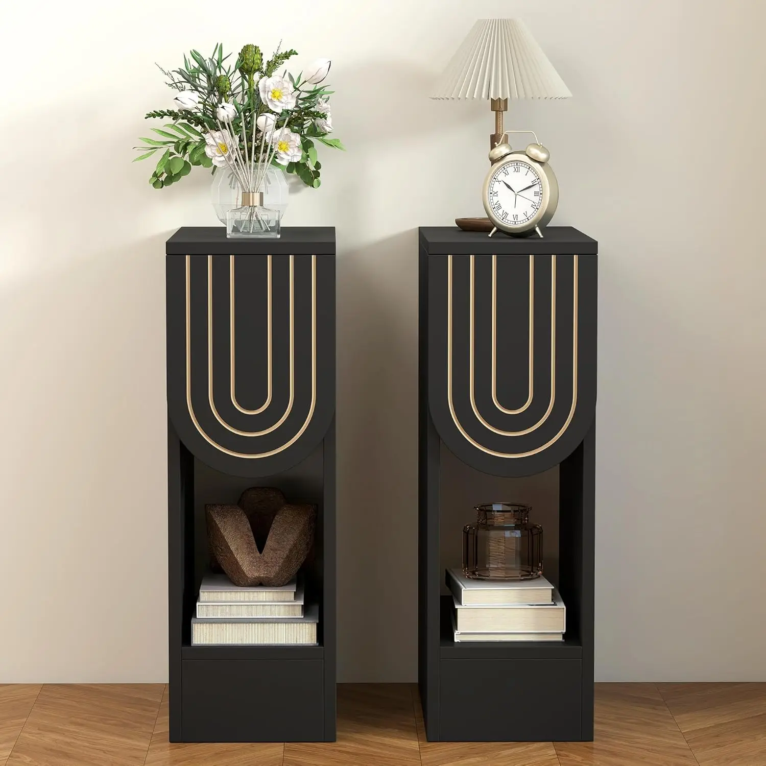 

Набор из 2 узких прикроватных тумбочек, черные прикроватные столики с резным ящиком и полкой для хранения, в стиле Mid-Century Modern, тонкие, на заказ