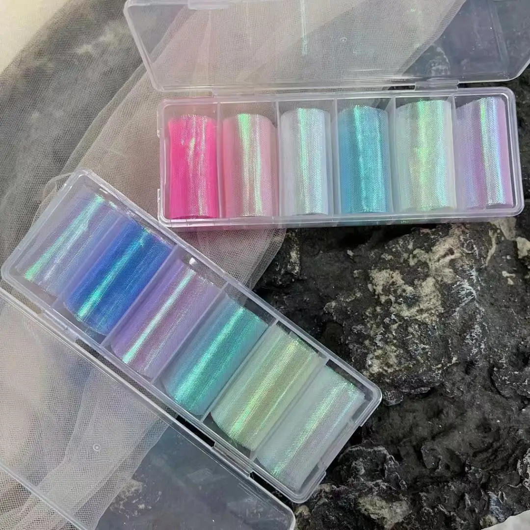 6 Rolls Mermaid Fabric Series Nail for Holographic Gradient Sliders Non-Adhesive Nails Wraps Silk Auroral Nail Art Decora